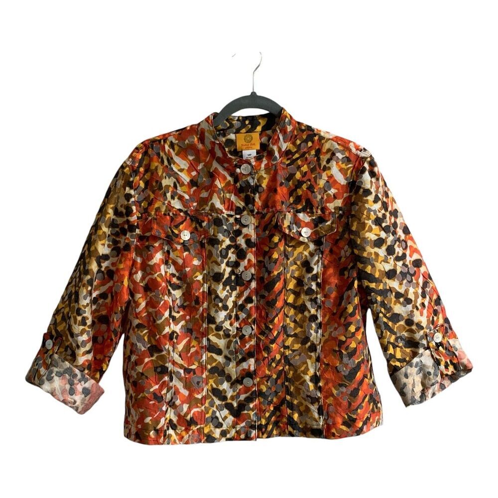 Ruby Rd. Jacket 14 P Red Orange Lace Lightweight Sheer Cut-Out Roll Tab Sleeve
